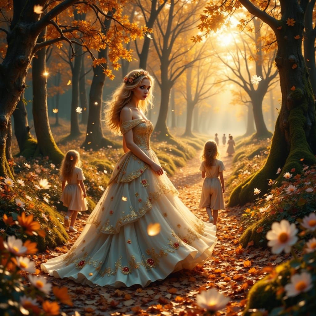 Fox Lady in Victorian Gown, Autumnal Path