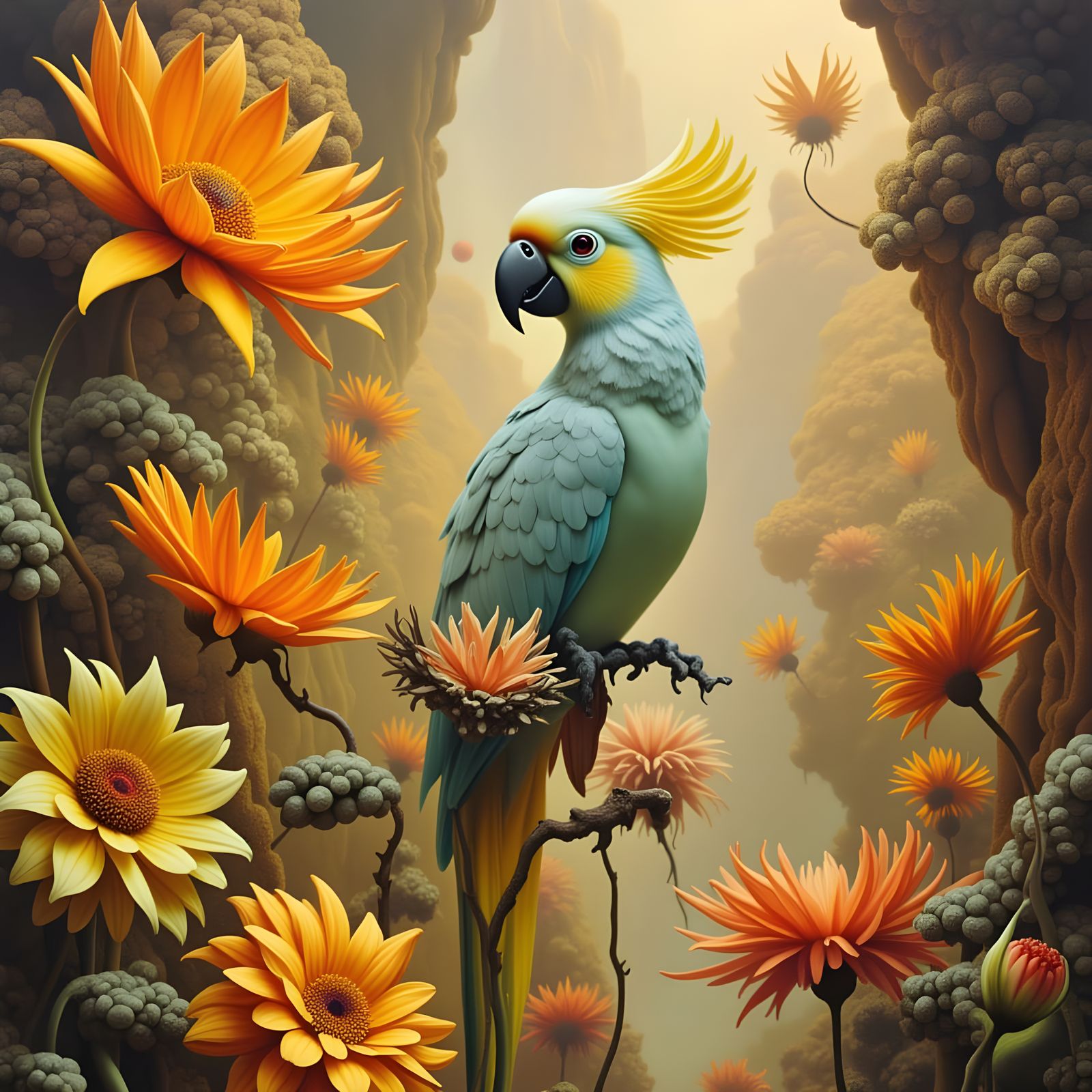 Cockatoo Amidst Surreal Candy Flora at Sunset