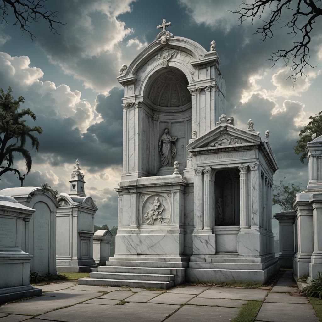 Mausoleum in a New Orleans cemetery, hyper realistic, detailed, marble, dynamic lighting ethereal mysterious