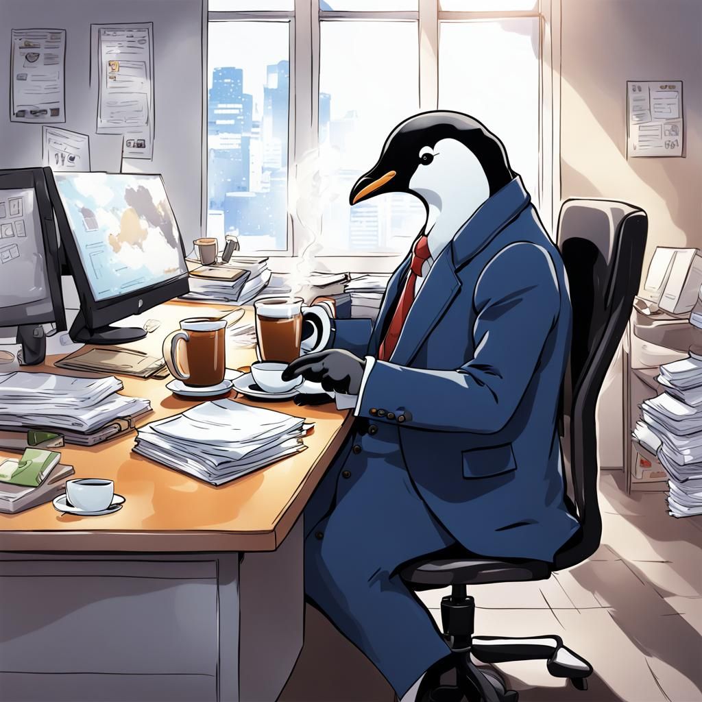 Penguin at Office Desk in Anime Style