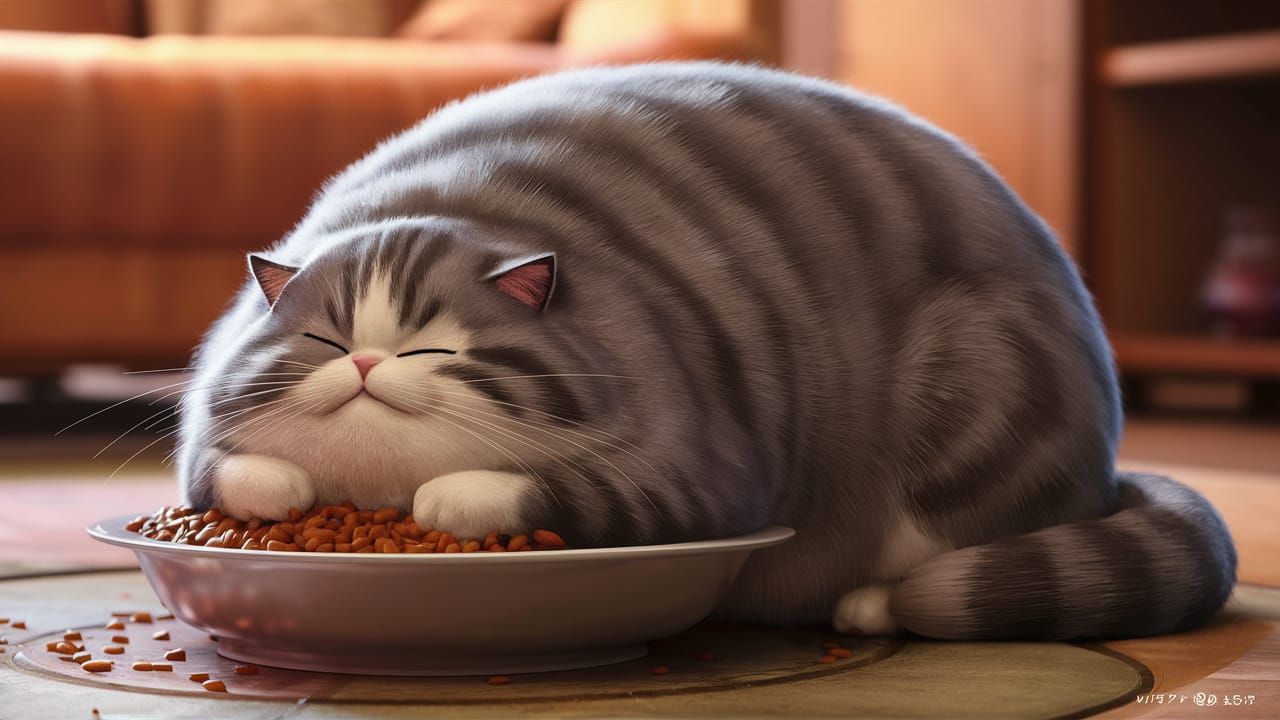 Sleek Grey Tabby Cat Sleeps in Cat Food Bowl Anime Art