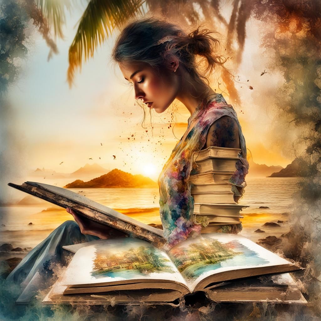 Tropical Island Books in Digital Watercolor Art