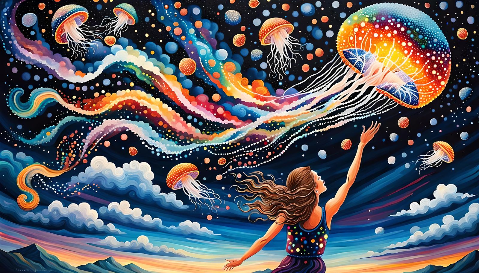 Dreamy Pointillist Woman Catching Jellyfish in Starry Sky