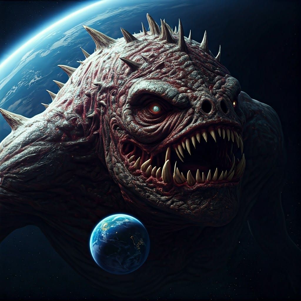 Gargantuan Space Monster Gazing at Earth, 3D CGI Art