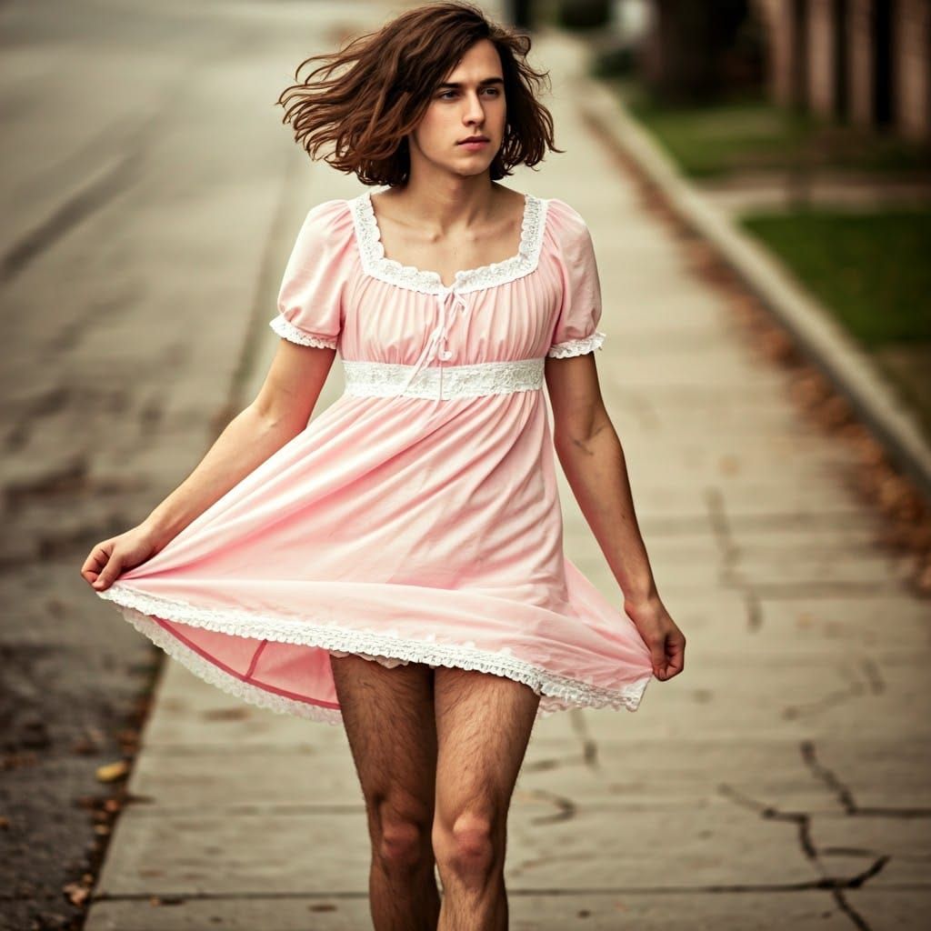 Man in Pastel Pink Babydoll Dress Clings to Skirt in Windy S...