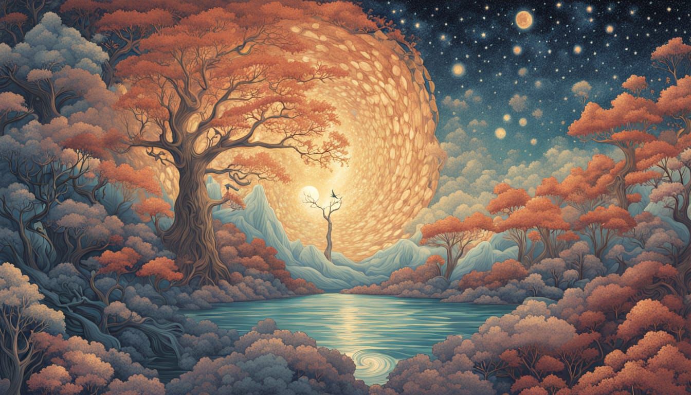 Cosmic Lake Reflection: Surreal Starry Night