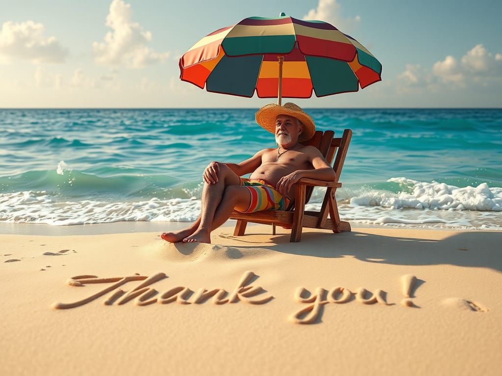 Elderly Gentleman in Striped Swim Trunks Under Colorful Umbr...