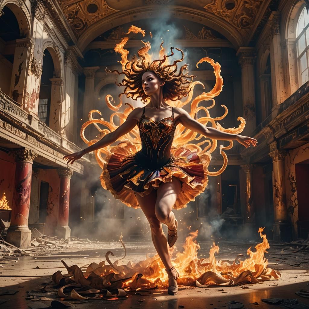 Medusa Ballerina on Fire in Abandoned Theatre
