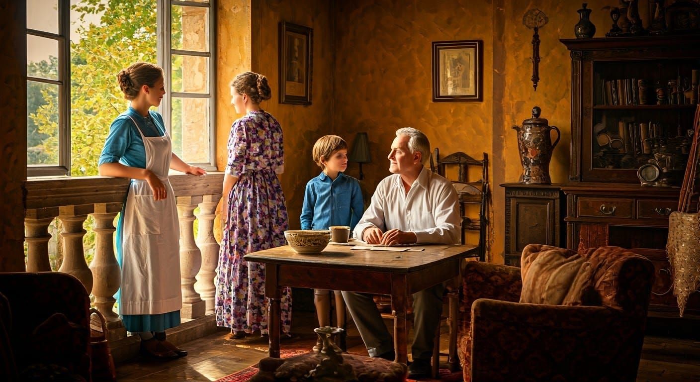 Warm Family Scene in Sunlit Room with Open Balcony