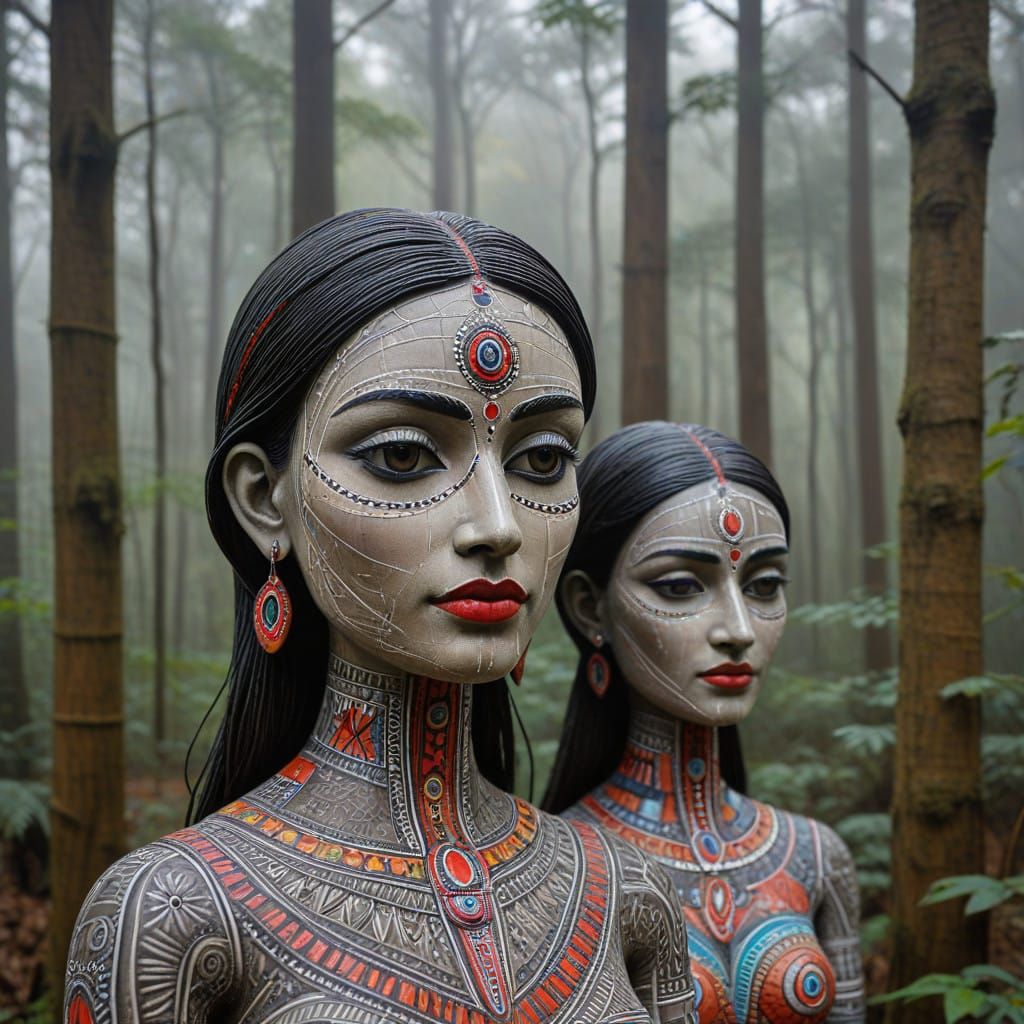 Thoughtful Family in a Foggy Forest, Inspired by Madhubani A...