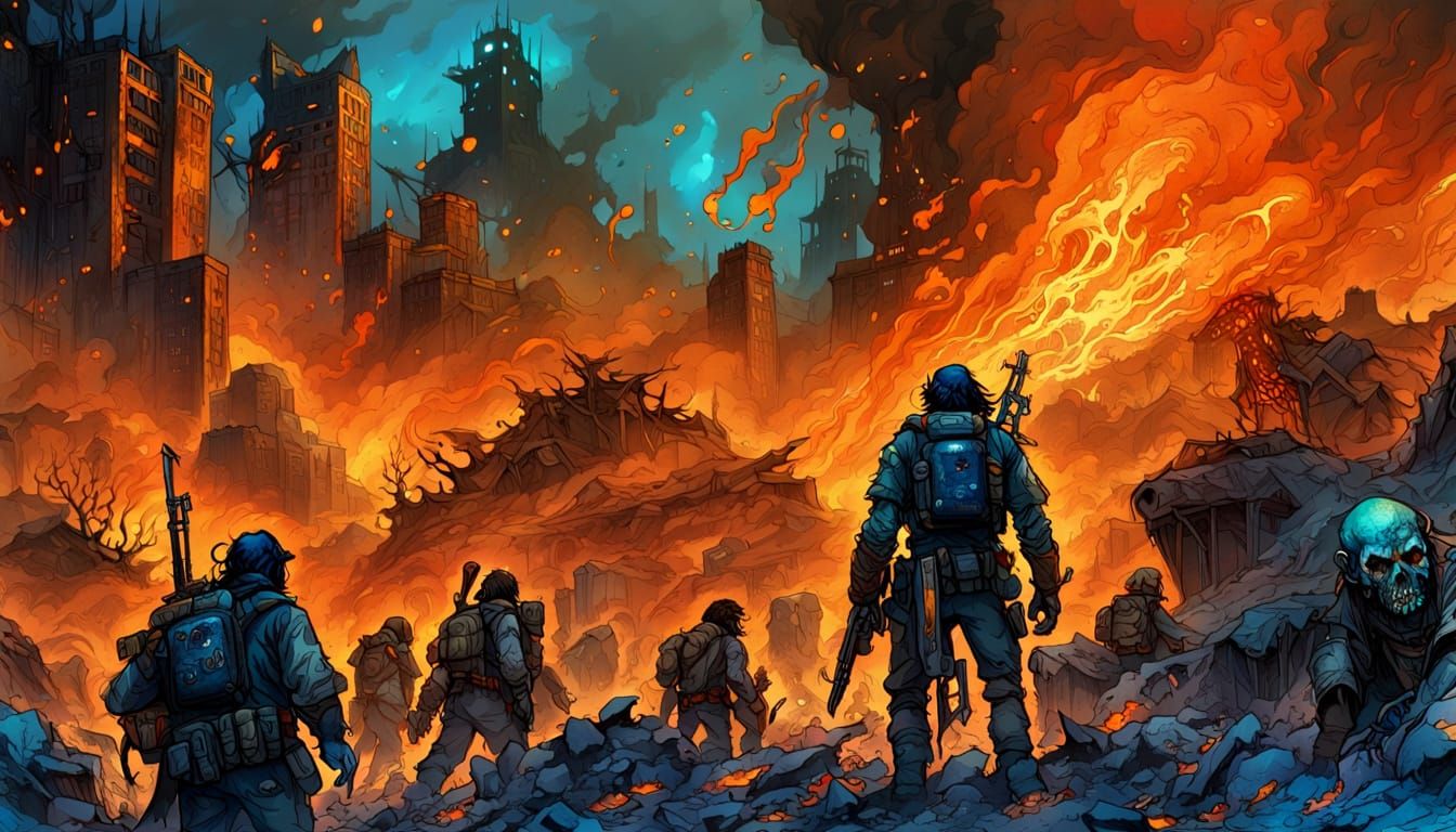 Post-Apocalyptic Warriors in Vibrant Alcohol Ink Style