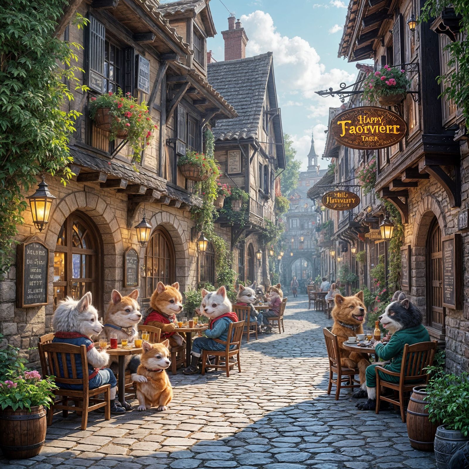 Joyful CGI Tavern Alleyway with Adorable Animal Patrons