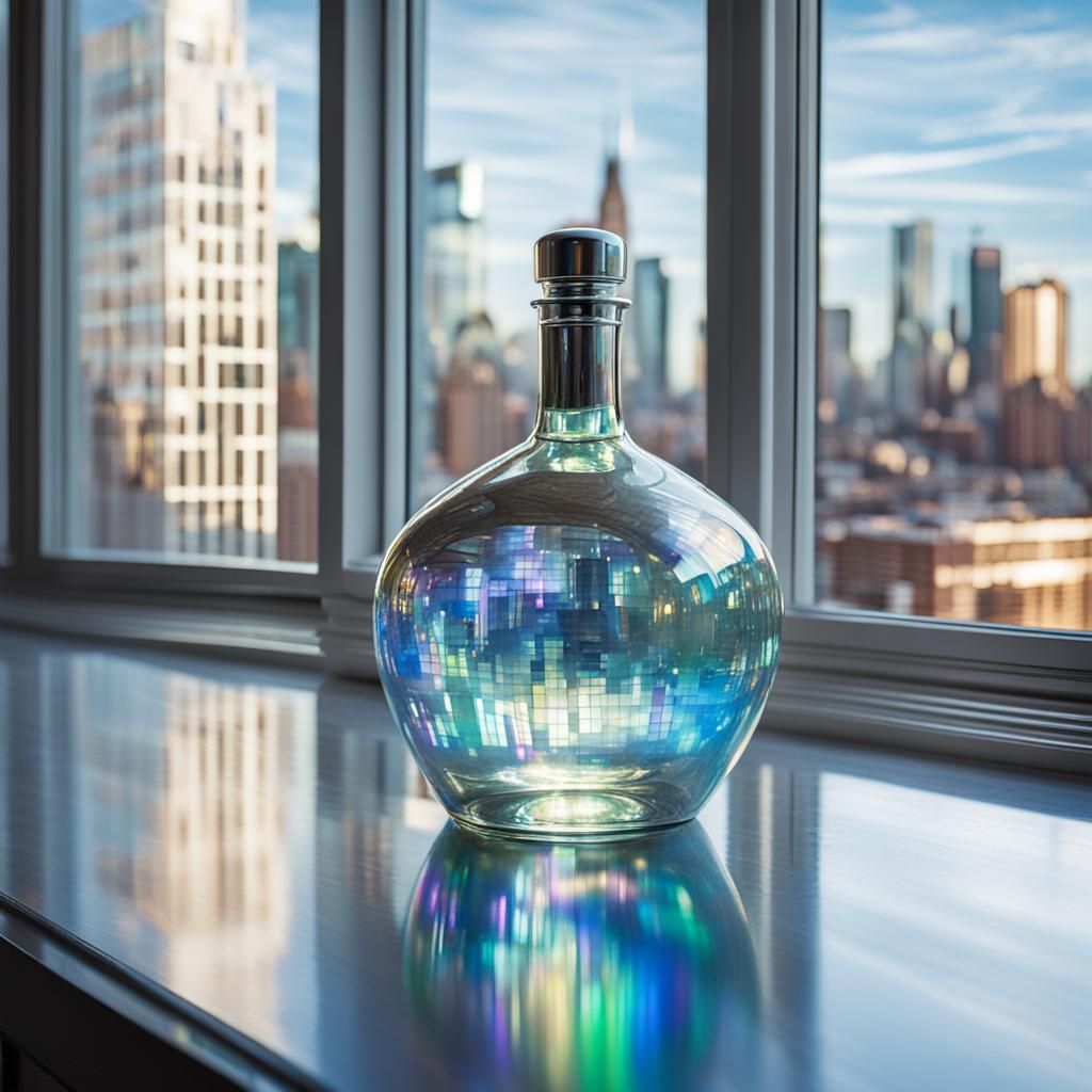 Cityscape Reflections on Silver Bottle