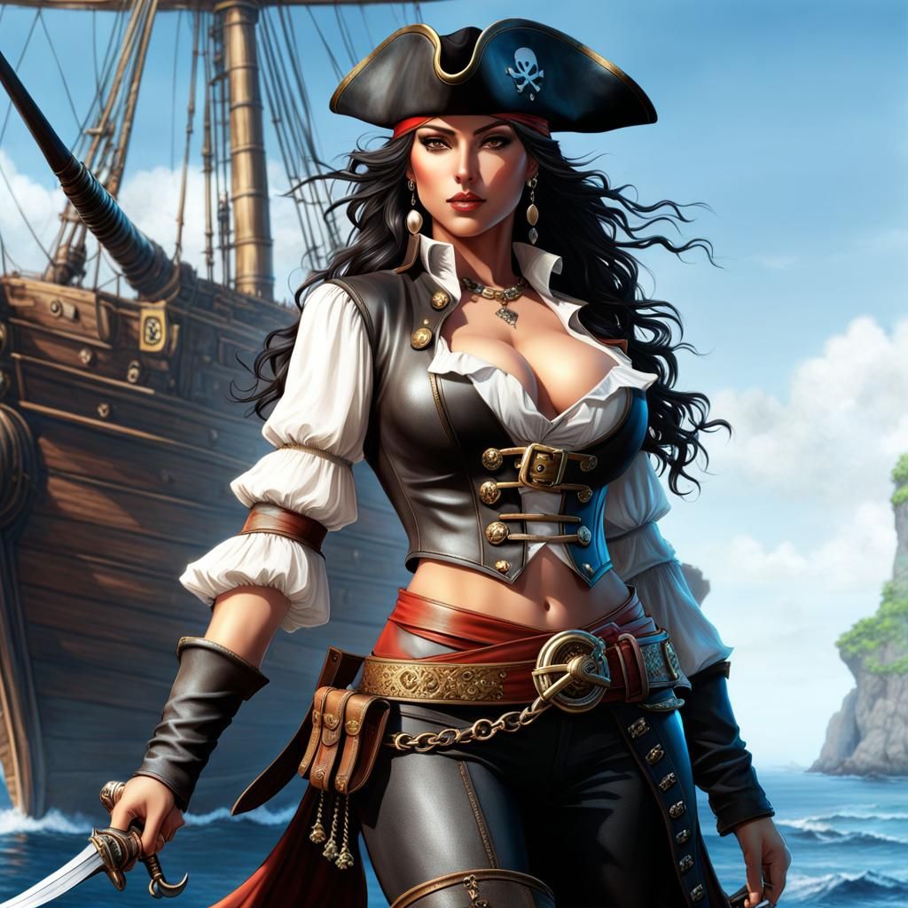 Glamorous Latin Pirate Captain in Vibrant Anime Style