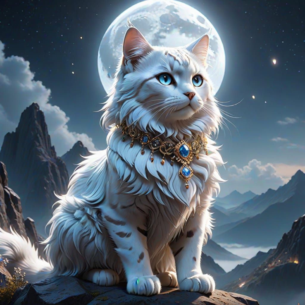 Regal Jewel Cat Standing on Moonlit Mountain Peak in Whimsic...