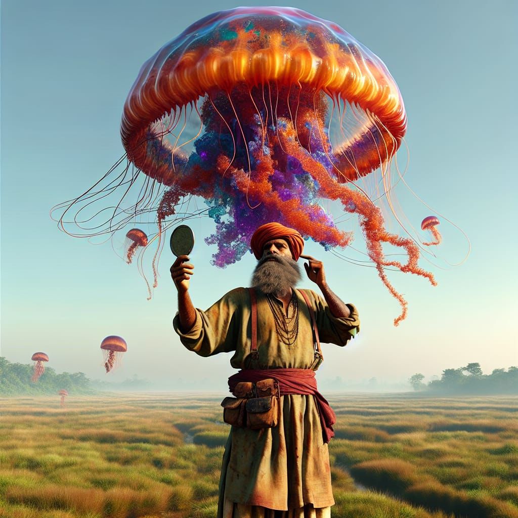 Colossal Man Shaving with Jellyfish, 3D Render