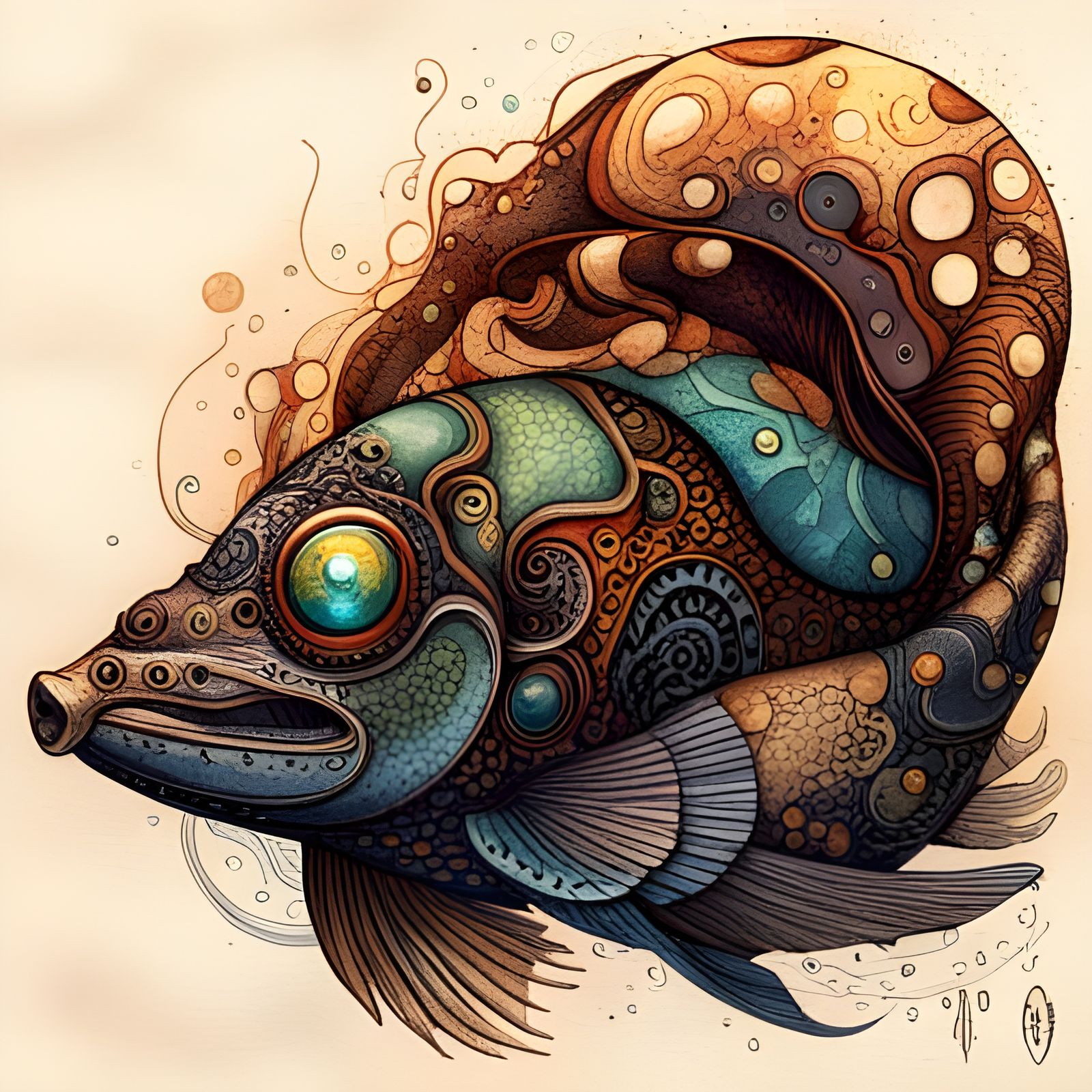Iridescent Biomechanical Fish Illustration with Liquid Solar...