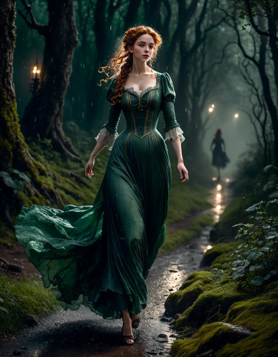 Edwardian Woman in Rainy Forest, Cinematic Portrait