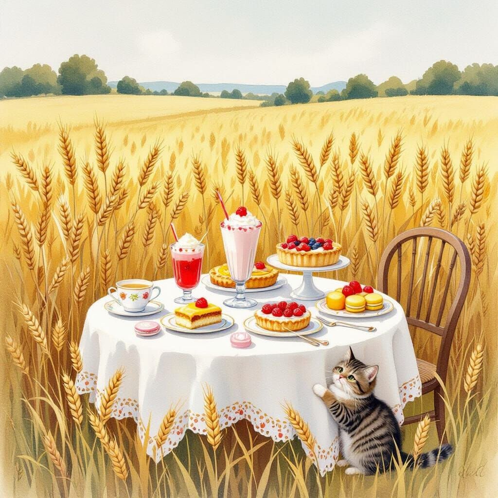 Summer Wheat Field with Treats in Watercolor Style