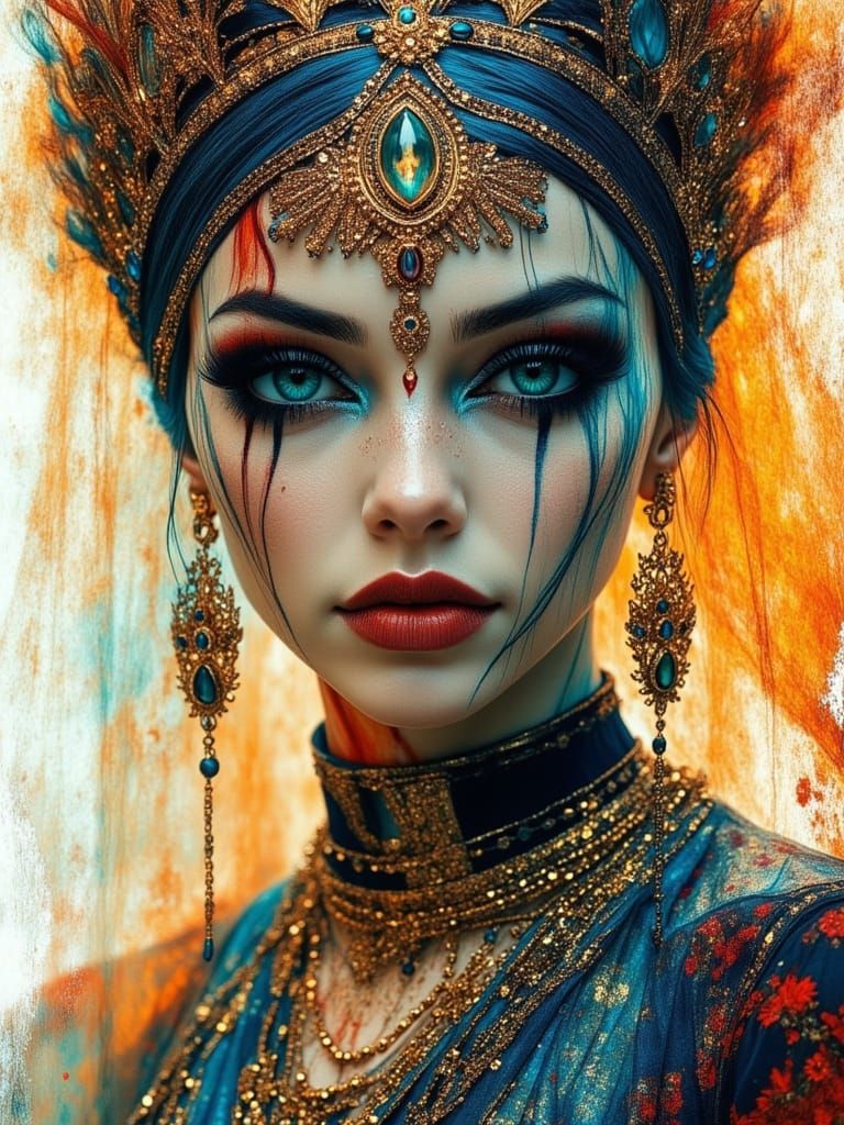 Cleopatra Portrait in Colorful Alcohol Ink Spatter Art