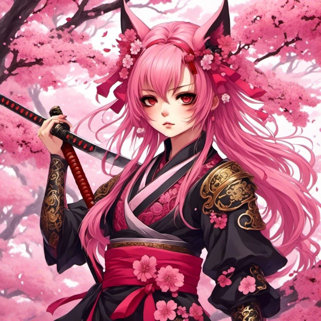 Anime Pink Neko Samurai with Sakura