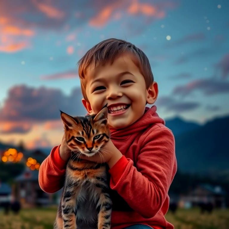 A Young Boy Playing with a Cute Cat in the Late Evening