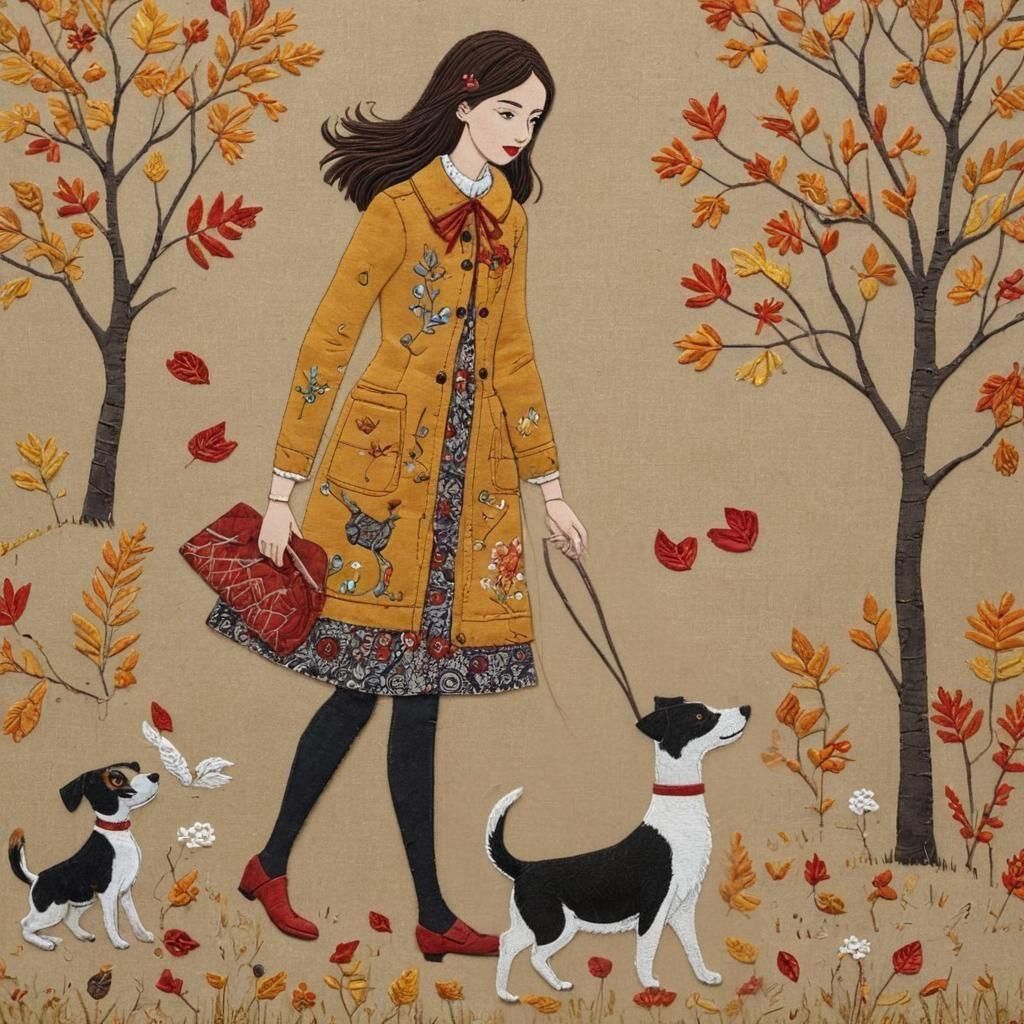 Autumn Dog Walk as Textile Folk Art