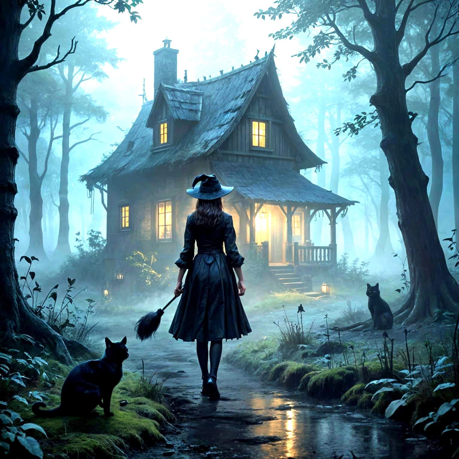 Young Witch and Cat in Foggy Forest