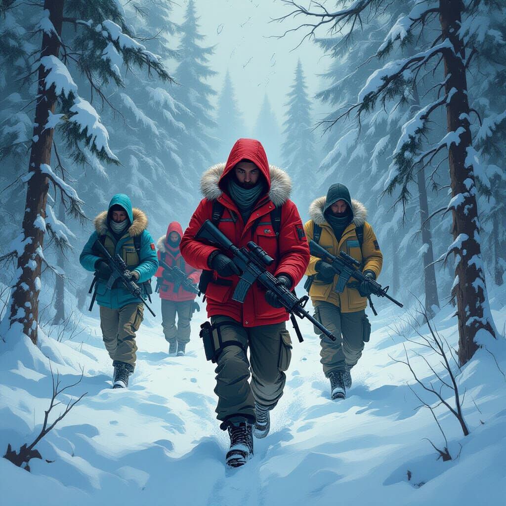 Hunting Party in Realistic Cathartic Painting Style