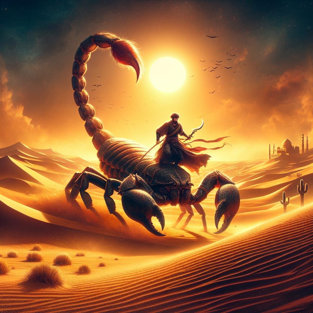 A man riding on top of a giant brown scorpion in the middle of the desert under the sun.