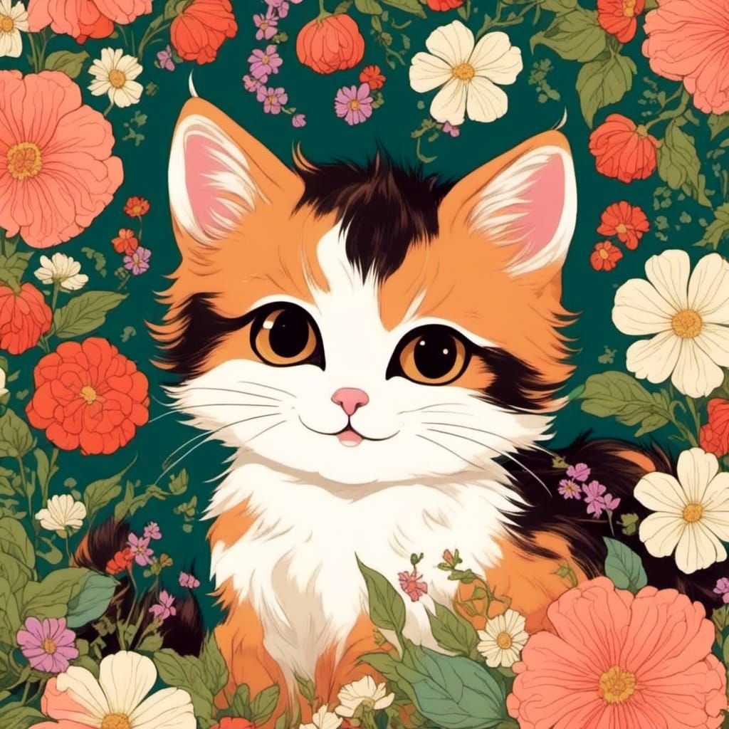 Calico Kittens in a Floral Paradise