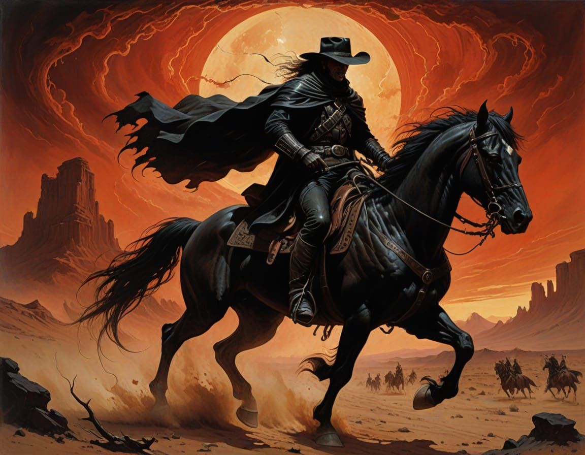 Dark Cowboy Rides Across Burning Desert Landscape