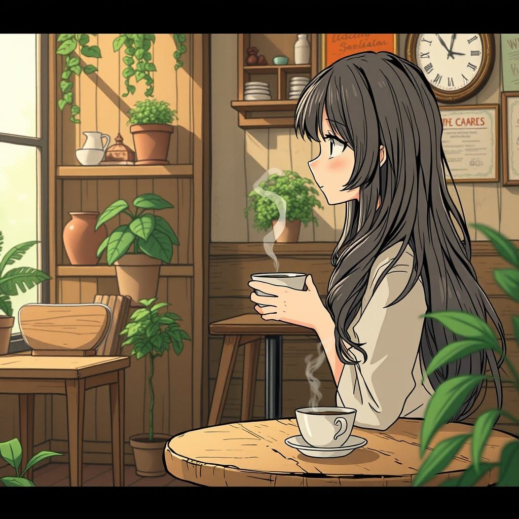 Serene Anime Girl in Cozy Cafe