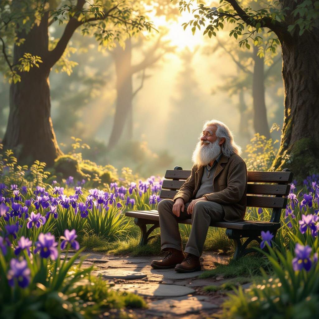 Magical Forest Sunrise Scene with Smiling Man