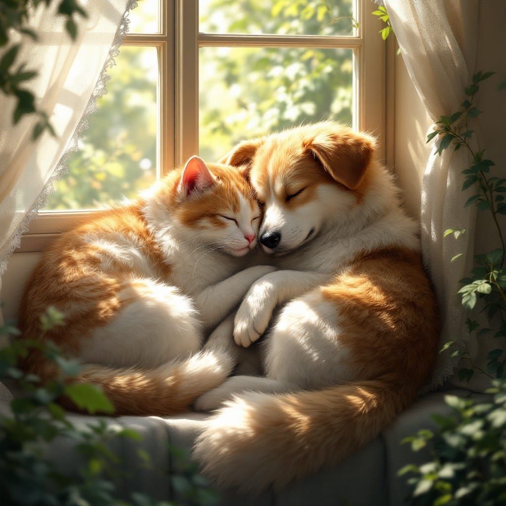 Canine and Feline Slumber in Vibrant Fantasy World