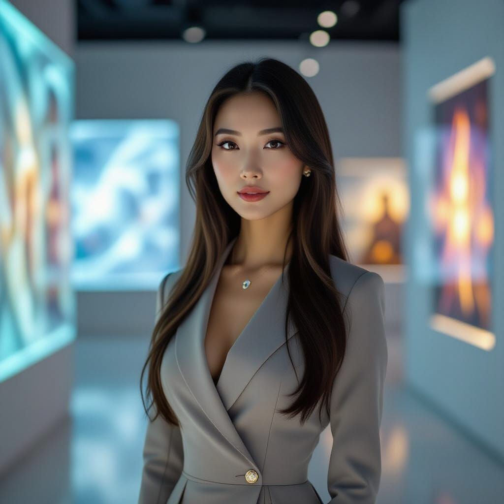 Elegant Woman in a Futuristic Art Gallery