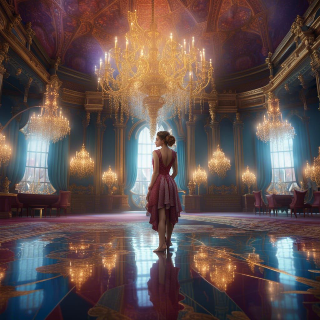 Woman in Whimsical Castle Ballroom: Hyperdetailed Concept Ar...