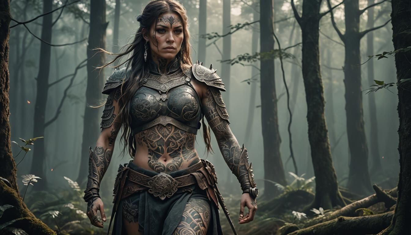 Tattooed Female Warrior: Hyperrealistic Cinematic Portrait