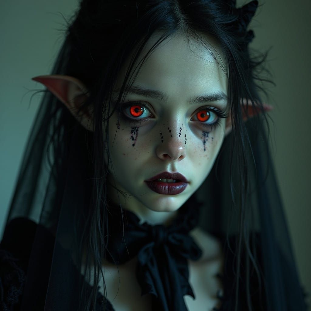 Enigmatic Victorian Dhampir with Piercing Red Eyes