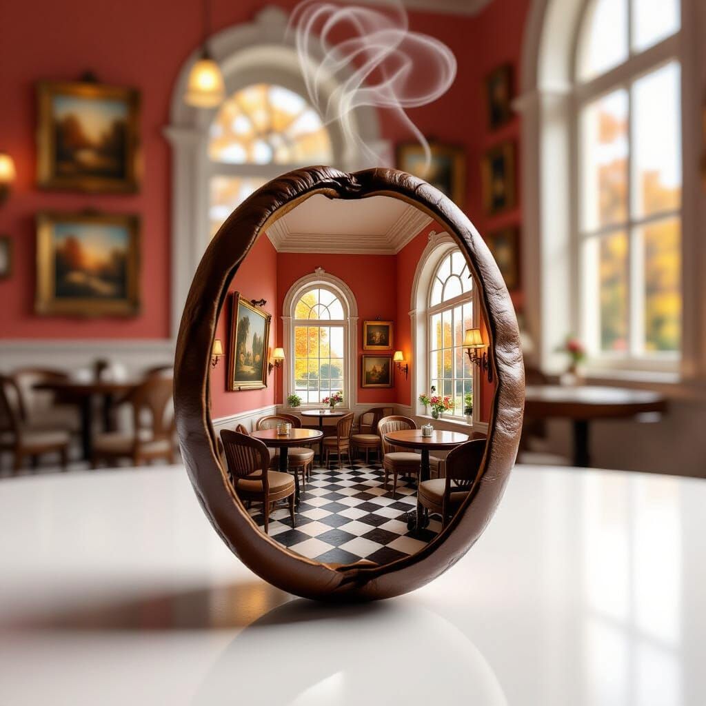 Miniature Cafe Scene Inside Coffee Bean, Hyperrealistic