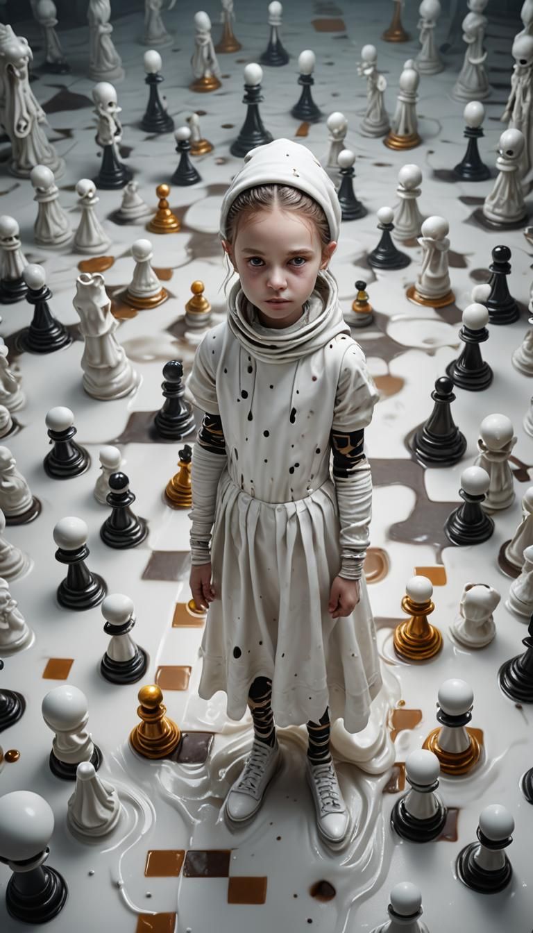 Surreal Encounter: Milk Alien, Girl and Chess Piece