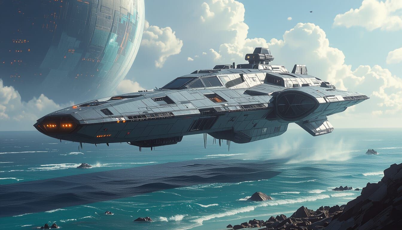 A space ark and its towing vehicle  mile long badly damaged starship in hover mode above the ocean of a devastated world...