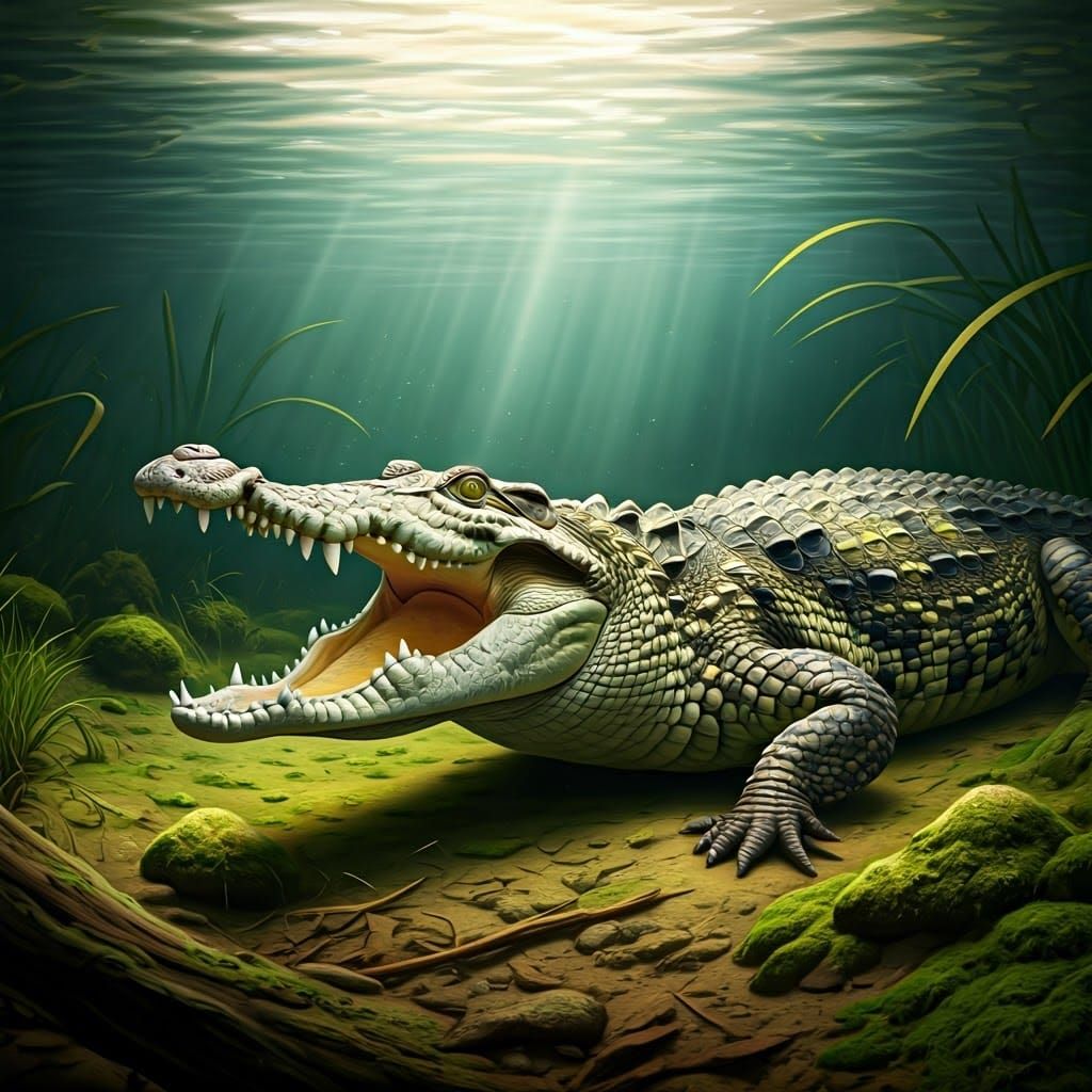 Crocodile in Algae-Covered Swamp Depths