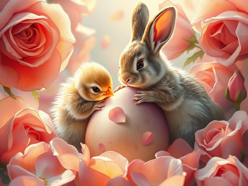 Bunny and Chick Decorating Easter Egg, Watercolor Style