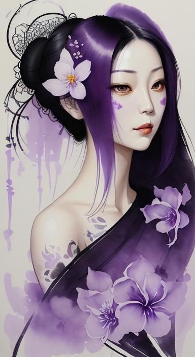 Asian Woman Portrait with Lilac Flower in Ink