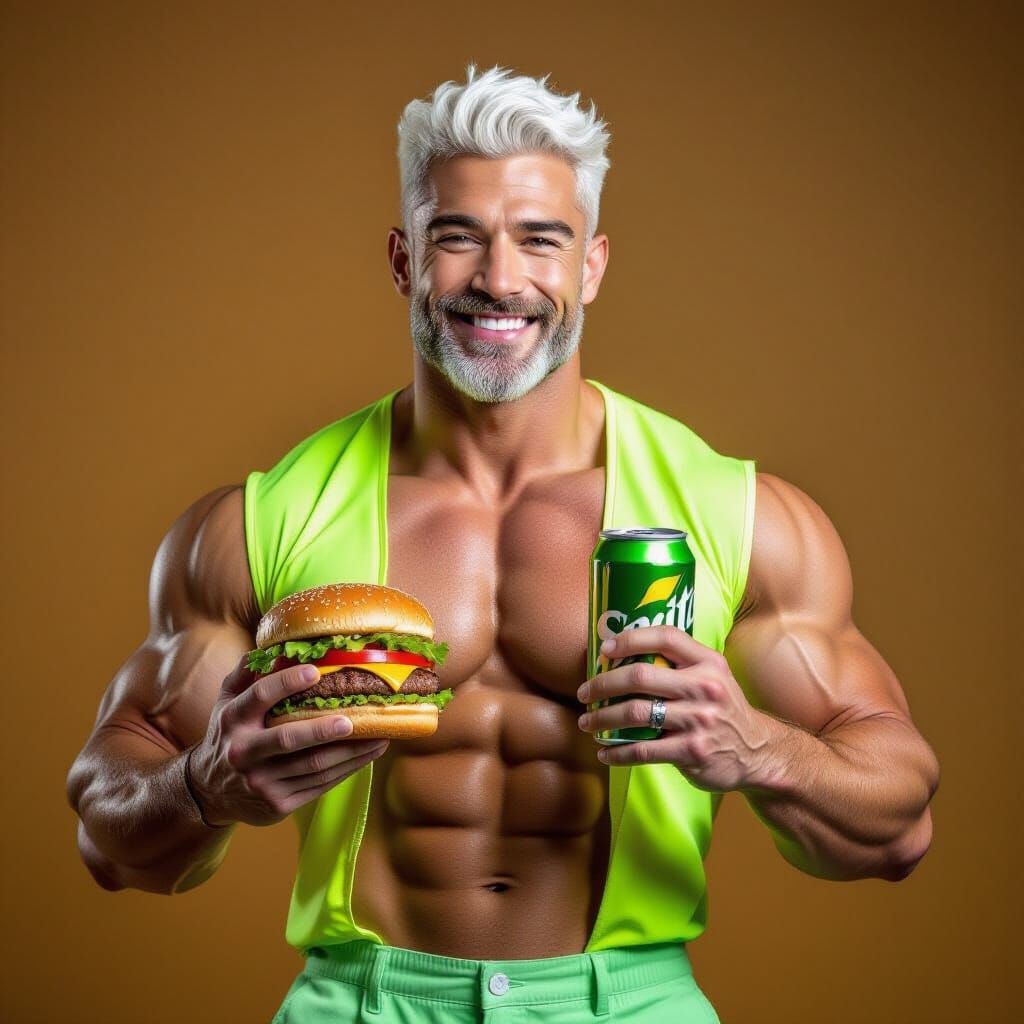Muscular Man with White Hair Poses with Hamburger and Sprite