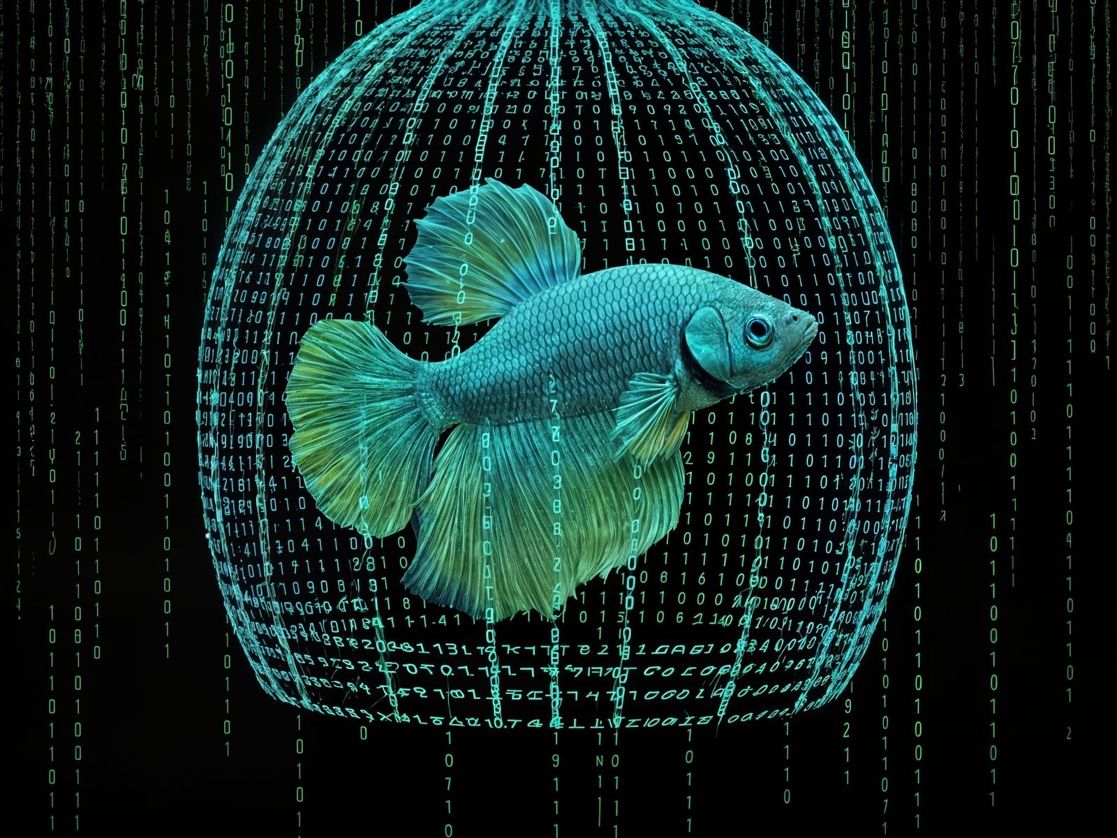 Siamese Fighting Fish Trapped in Matrix Code Stream