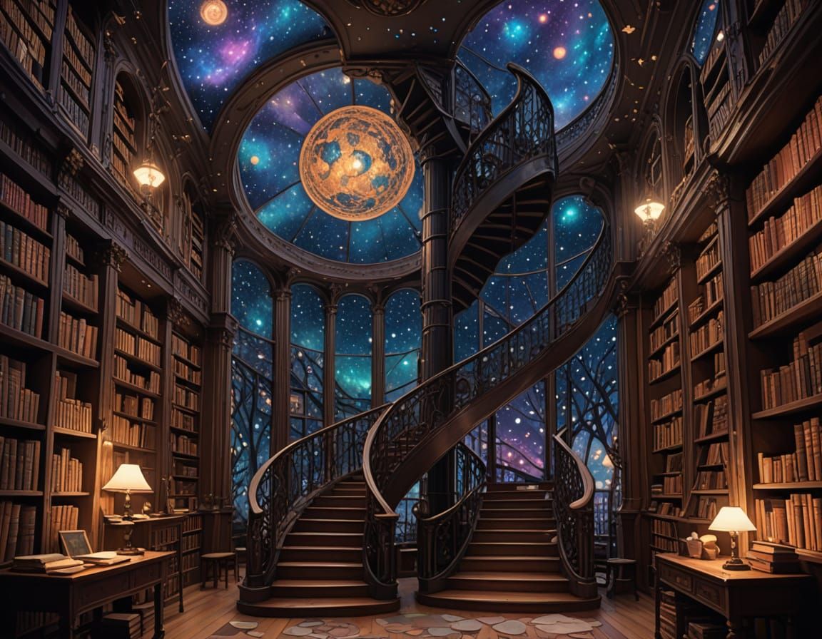 Ethereal Library in Cosmic Wonder, Blending Art Nouveau and ...