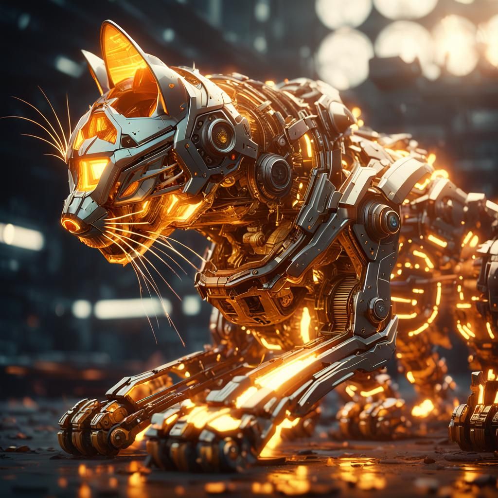 Fiery Golden Cat with Mech Details