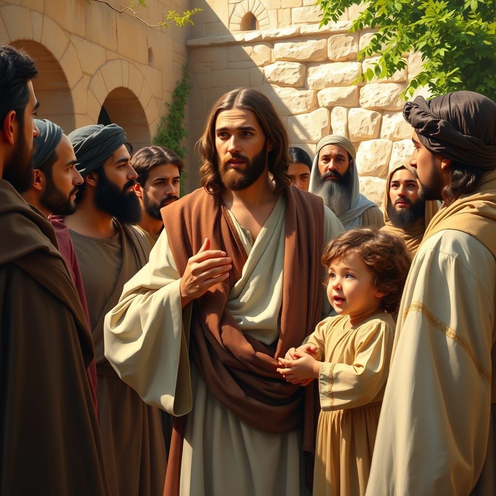 Jesus with Children in a Serene Biblical Courtyard